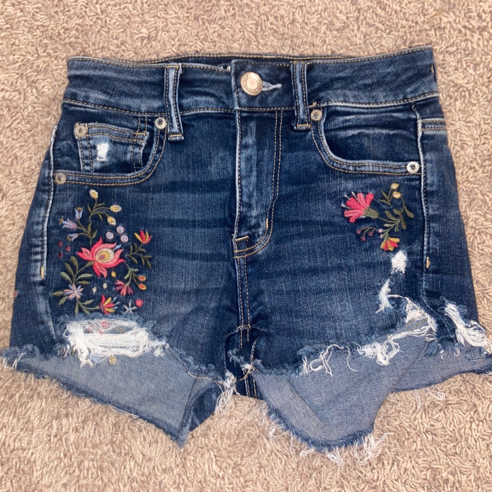 American Eagle Hi-Rise Shortie Next Level Stretch jean shorts | Size 0